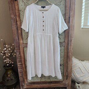 Roolee White Striped Short Sleeve Linen Dress with Pockets | Small